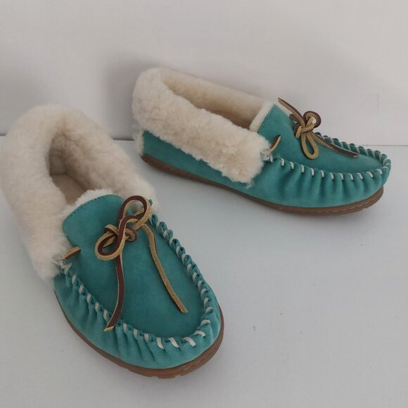 LL Bean Slippers Women 8 Teal Blue Suede Fur Lined Moccasins Cabincore Durable - Picture 13 of 15